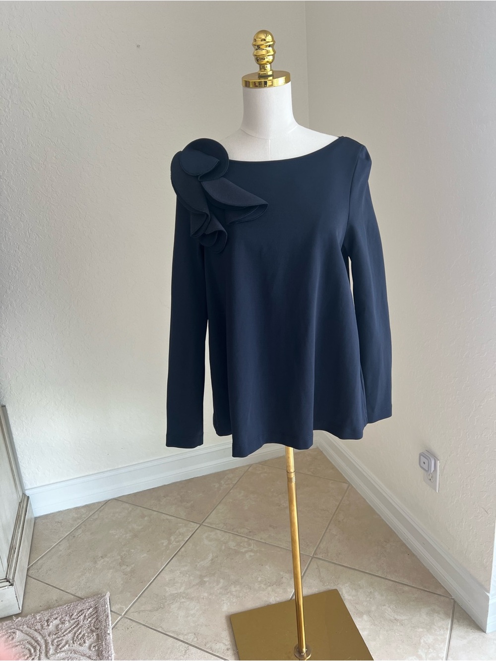 COS Navy Long-Sleeve Blouse with Draped Shoulder Detail